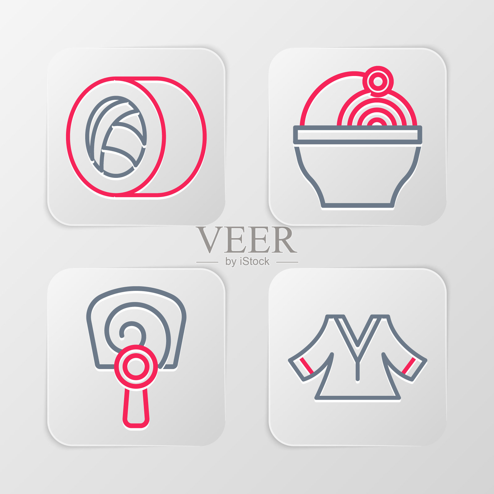 设置线和服，韩式扇子，拉面和寿司图标。向量图标素材