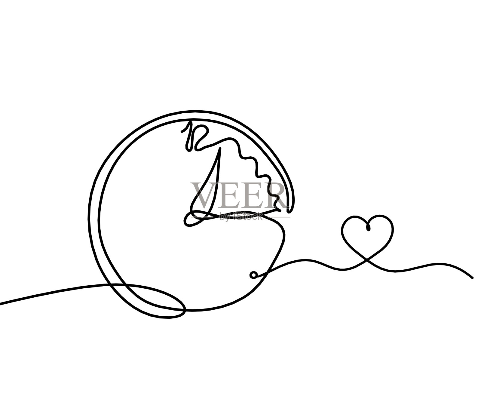 抽象时钟与心脏作为线绘制在白色背景上插画图片素材