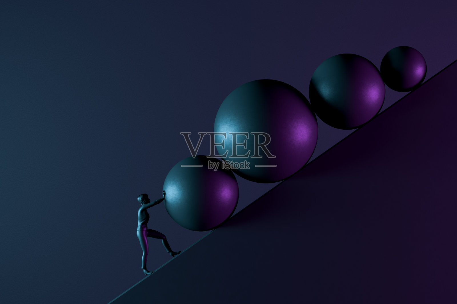 女商人推着巨大的石头上山黑色的背景照片摄影图片