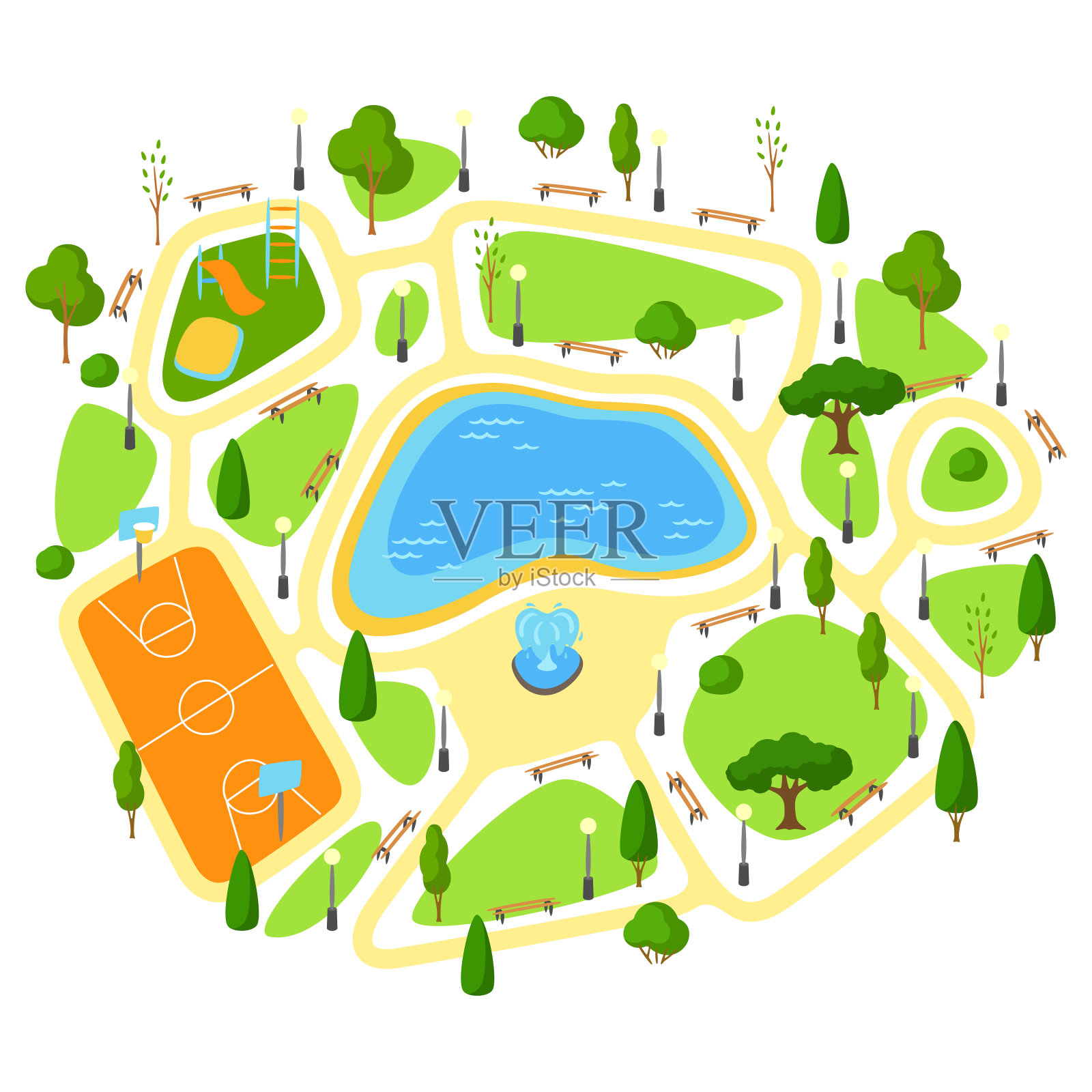 说明美丽的夏季或春季城市公园。城市公共空间，有湖、草坪和散步树木。插画图片素材