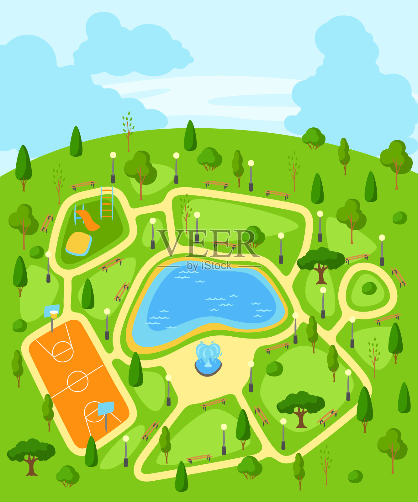 说明美丽的夏季或春季城市公园。城市公共空间，有湖、草坪和散步树木。插画图片素材