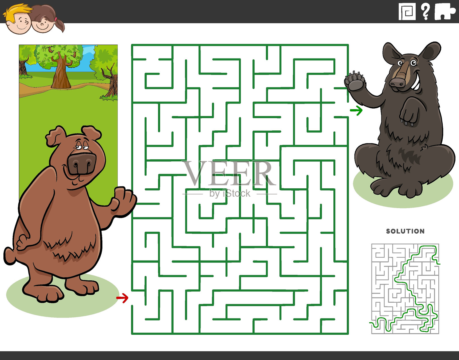 迷宫游戏与卡通熊动物角色插画图片素材