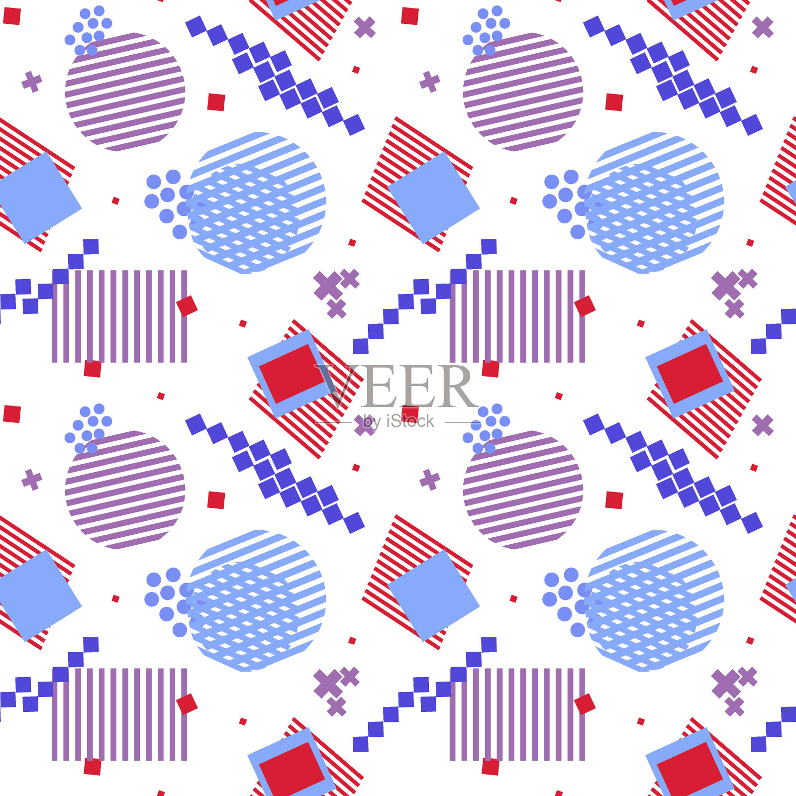 无缝的圆形、条纹和方形背景。抽象的图形和不同的颜色。迪斯科。怀旧。现代色调的纺织品和包装。插画图片素材