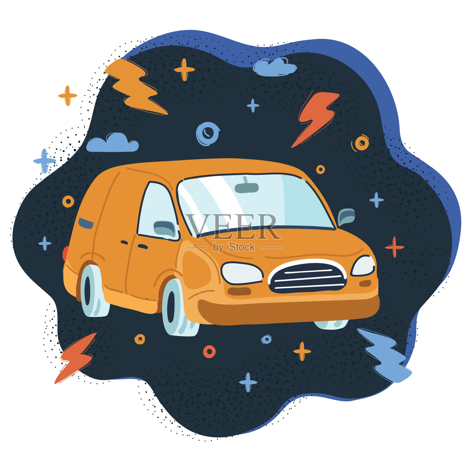 矢量插图的黄色汽车在黑暗的背景。插画图片素材