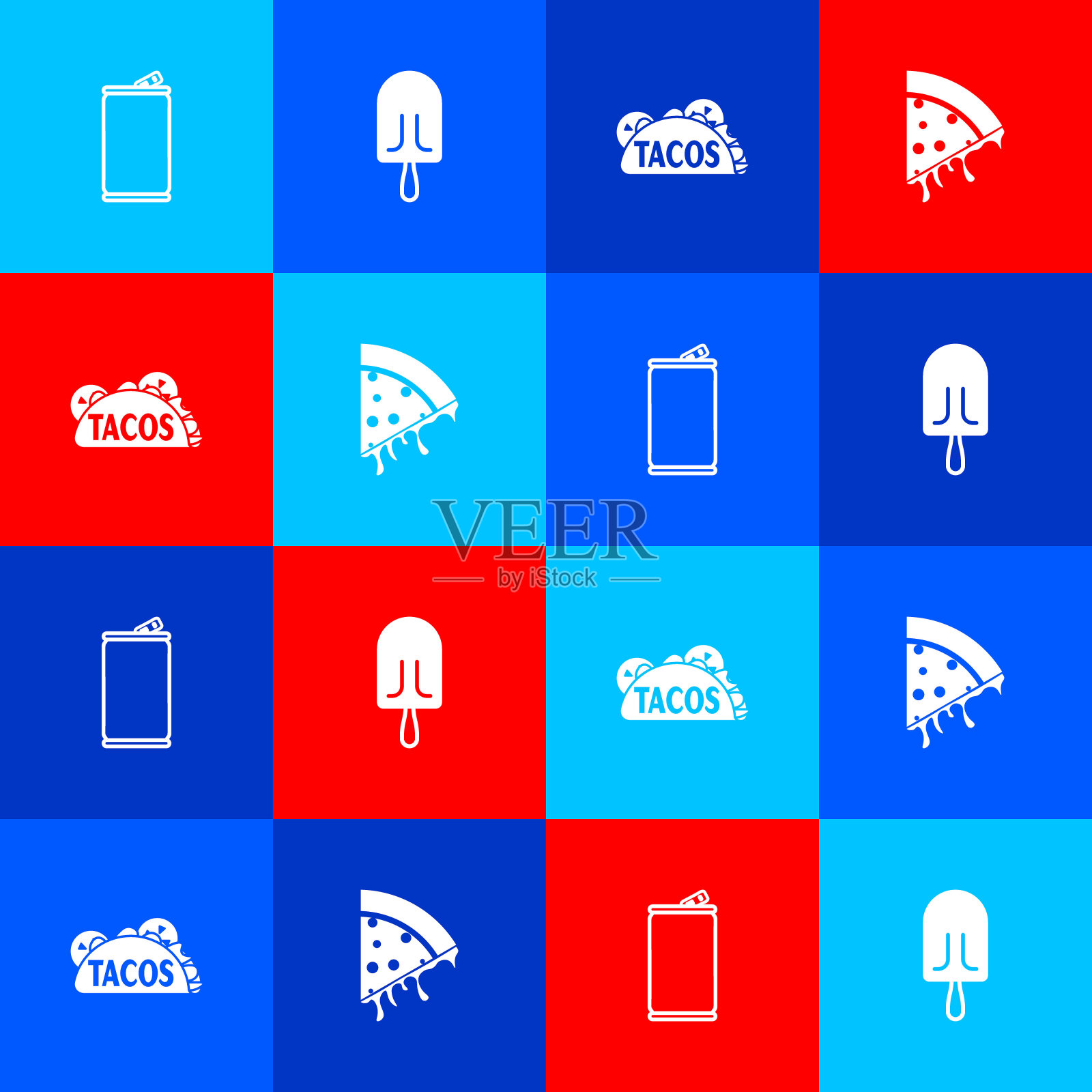 设置铝罐，冰淇淋，塔可与玉米薄饼和比萨饼片的图标。向量插画图片素材