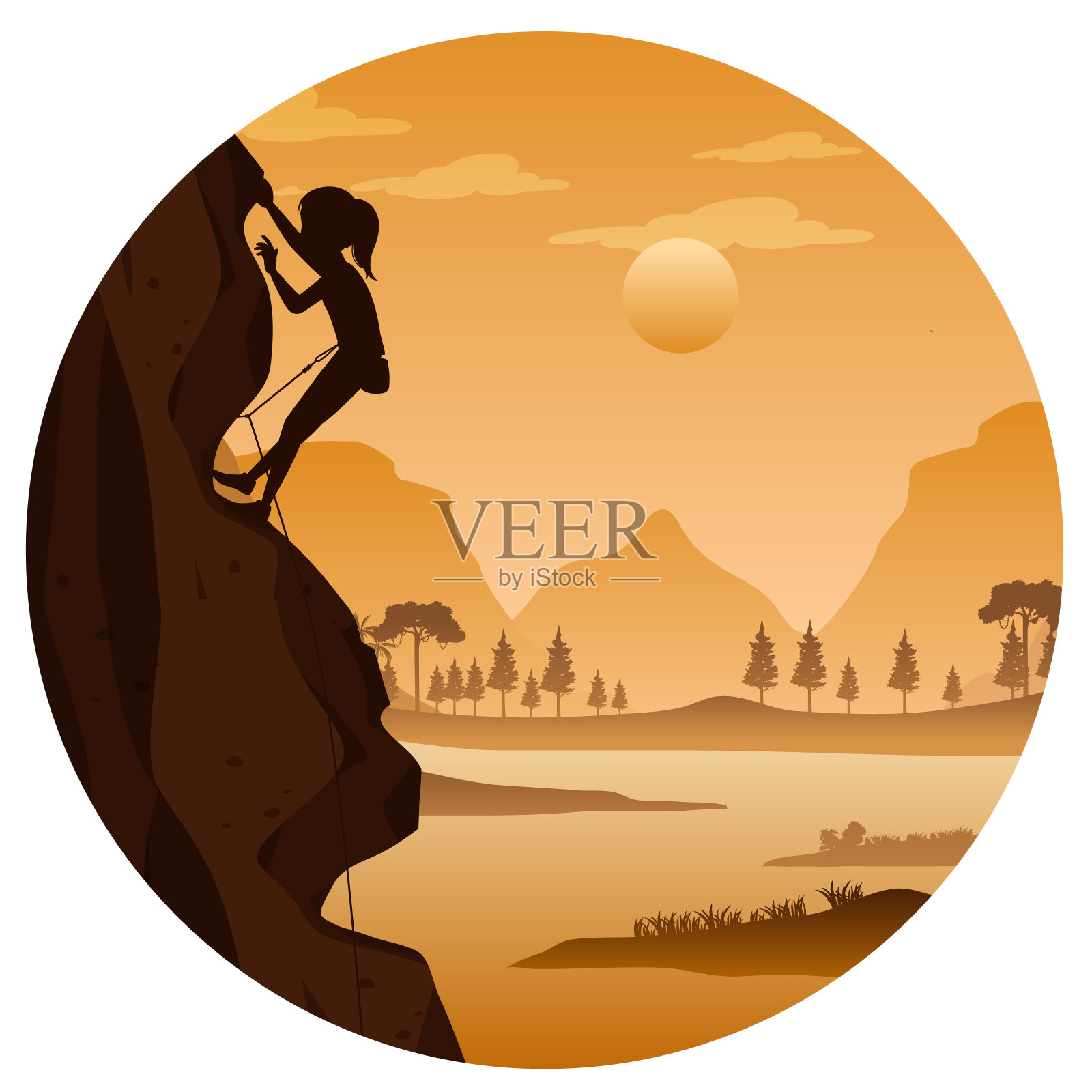 自然背景下的平面剪影攀岩插画图片素材