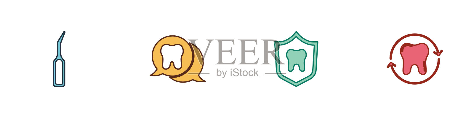 设置牙齿探索器scaler，牙齿，保护和美白图标。向量图标素材