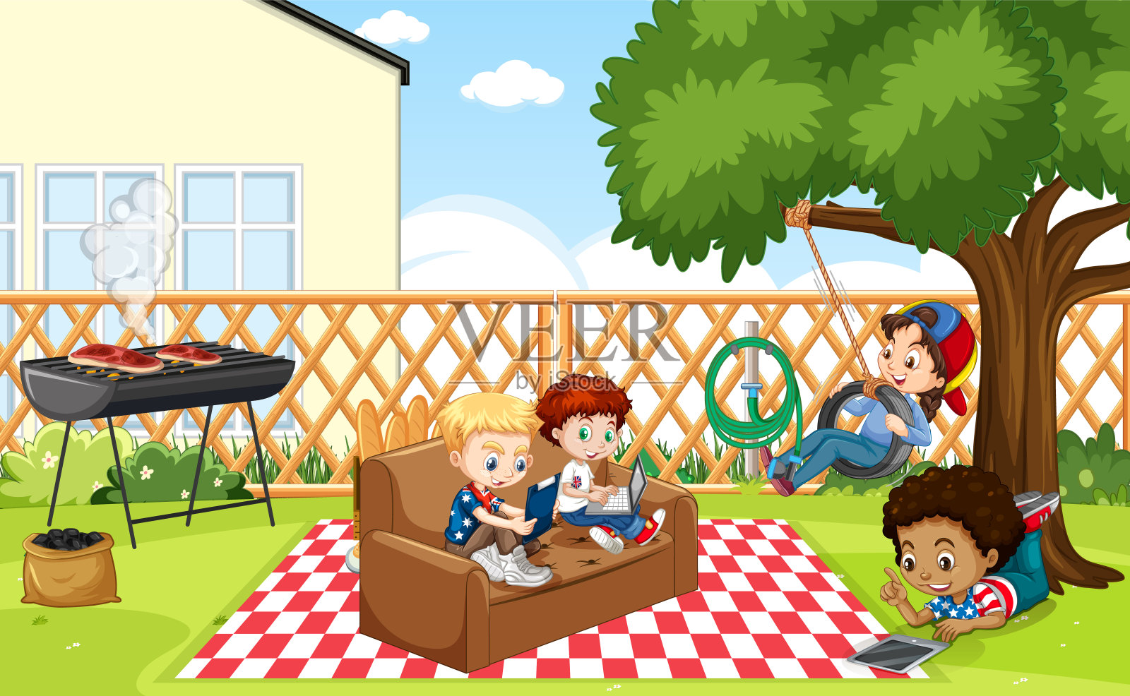 和孩子们在公园里的场景插画图片素材