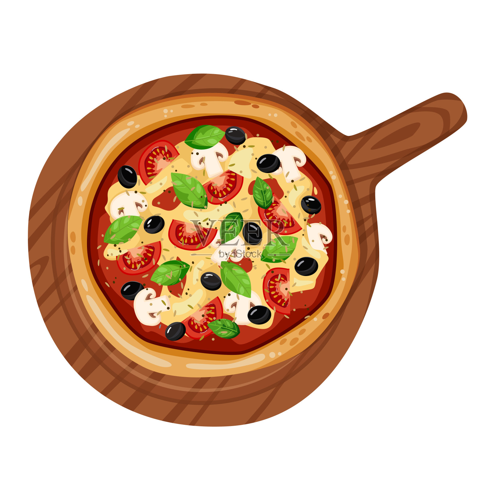 新鲜的披萨，有西红柿，奶酪，橄榄，香肠，蘑菇，罗勒在木盘上。传统意大利快餐。矢量插图。设计元素图片