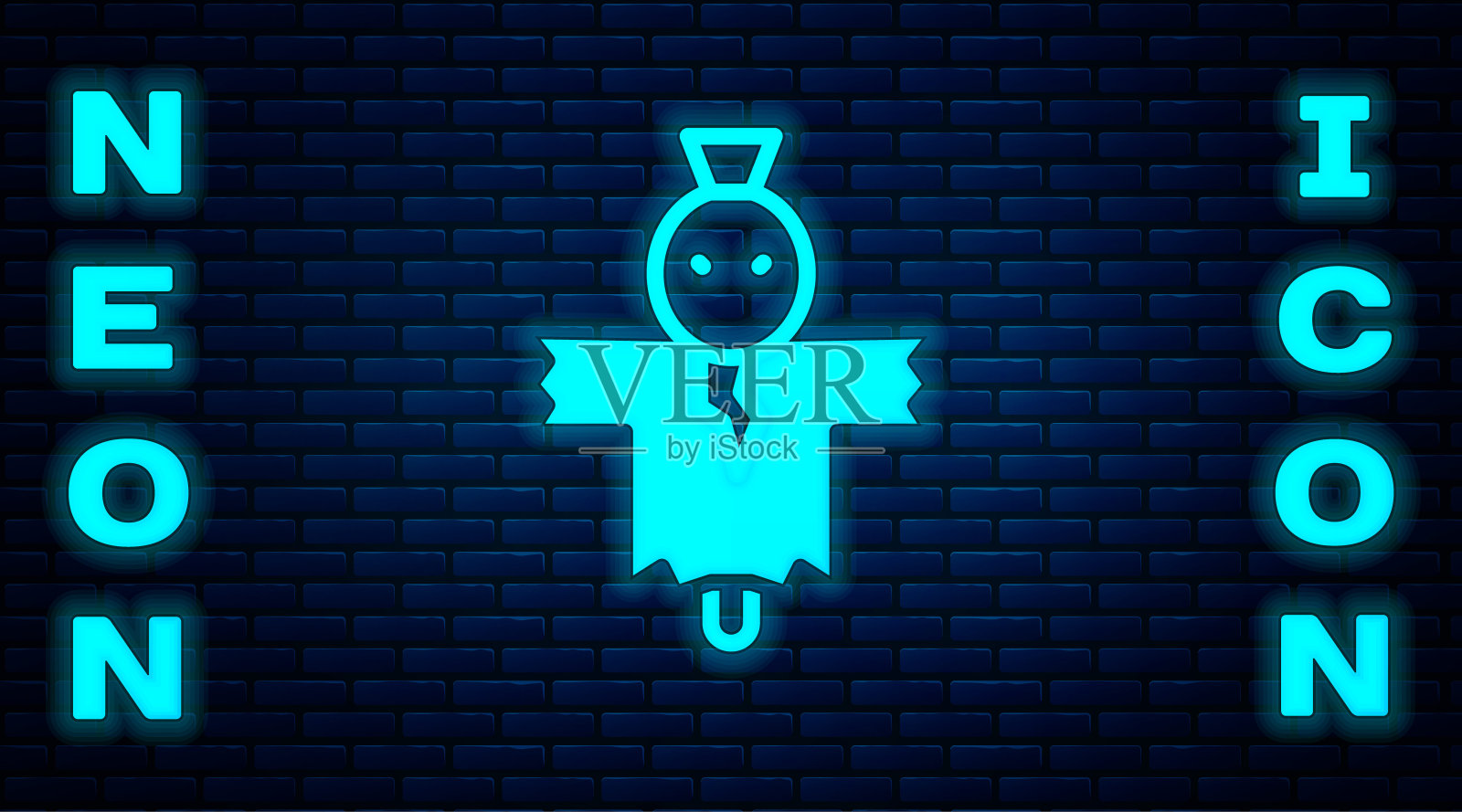 发光的霓虹灯稻草人图标孤立在砖墙背景上。快乐的万圣节派对。向量插画图片素材