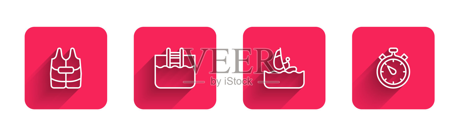 救生衣、带梯子的游泳池、滑浪风帆、长影秒表。红场按钮。向量插画图片素材