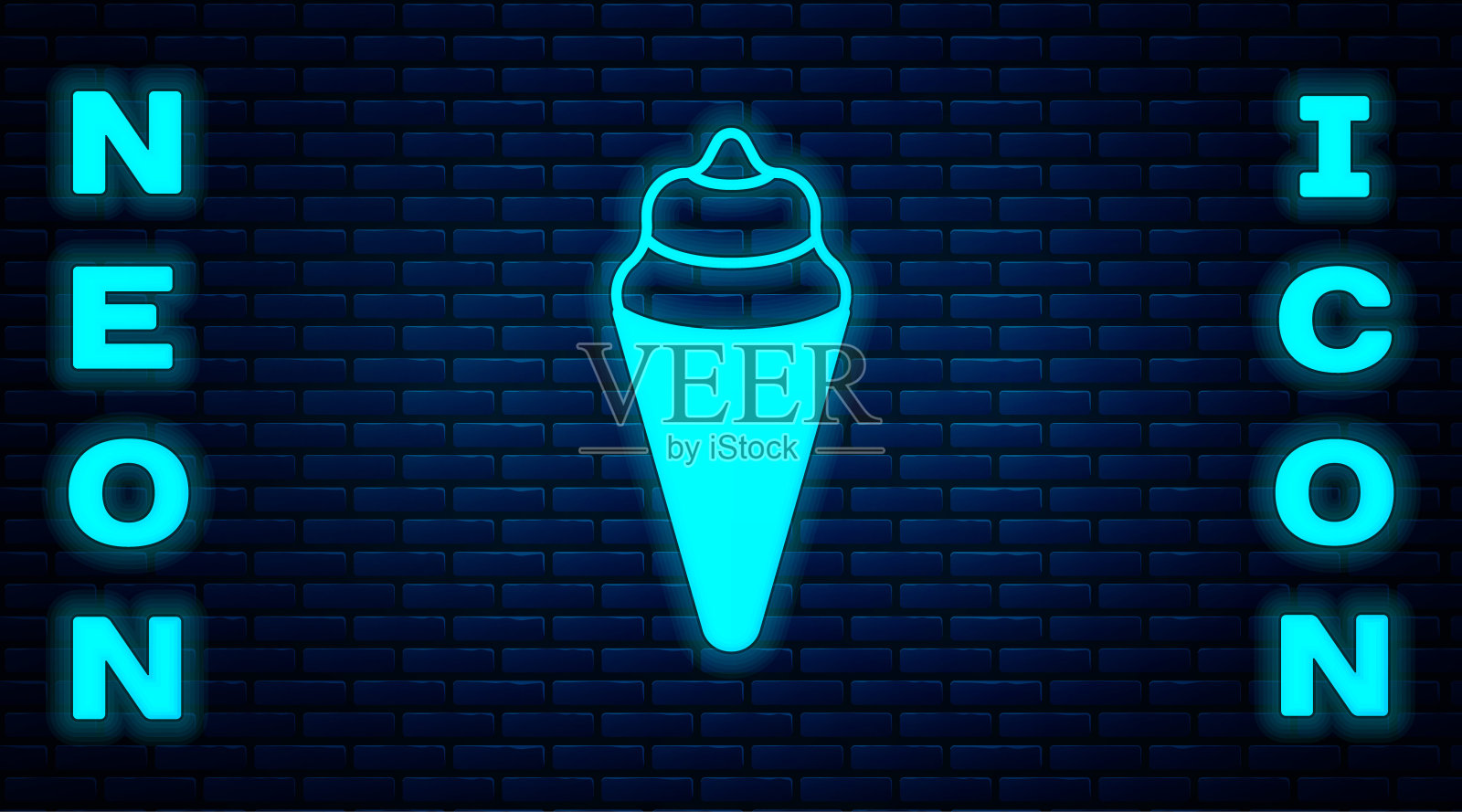 发光的霓虹灯华夫筒冰淇淋图标孤立在砖墙背景上。甜蜜的象征。向量插画图片素材