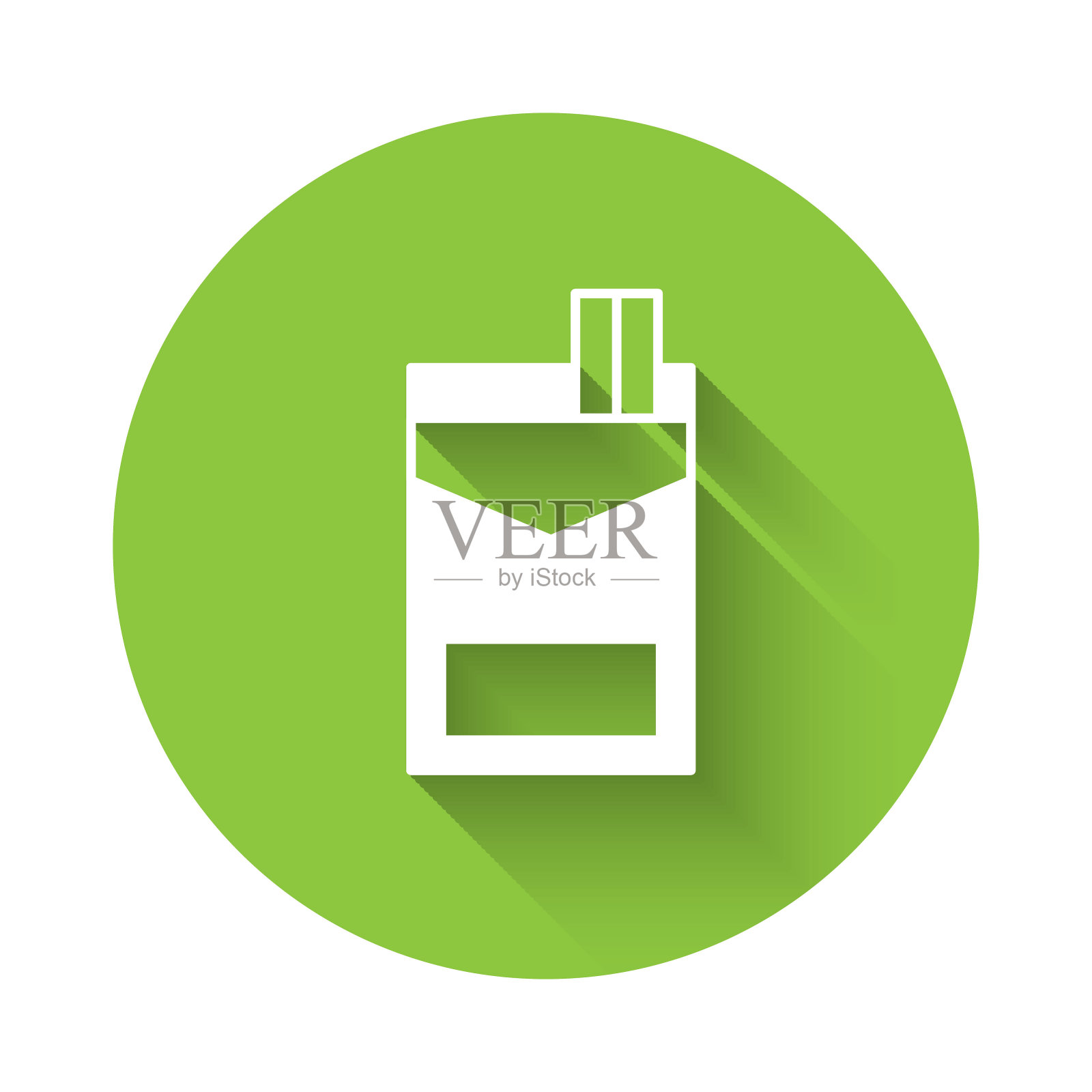 白色香烟包装盒图标孤立与长阴影背景。香烟包装。绿色圆圈按钮。向量插画图片素材