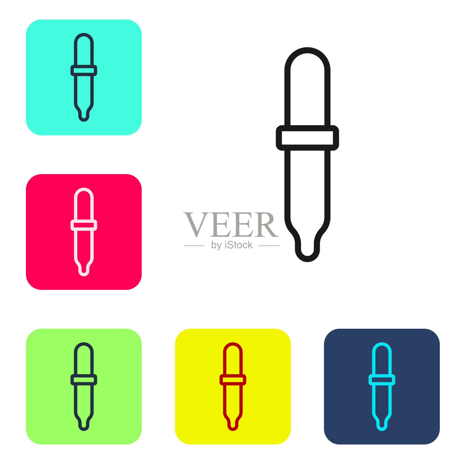 黑色线移液器图标孤立在白色背景上。医疗，化学实验室设备的组成部分。医学的象征。设置彩色方块按钮图标。向量图标素材