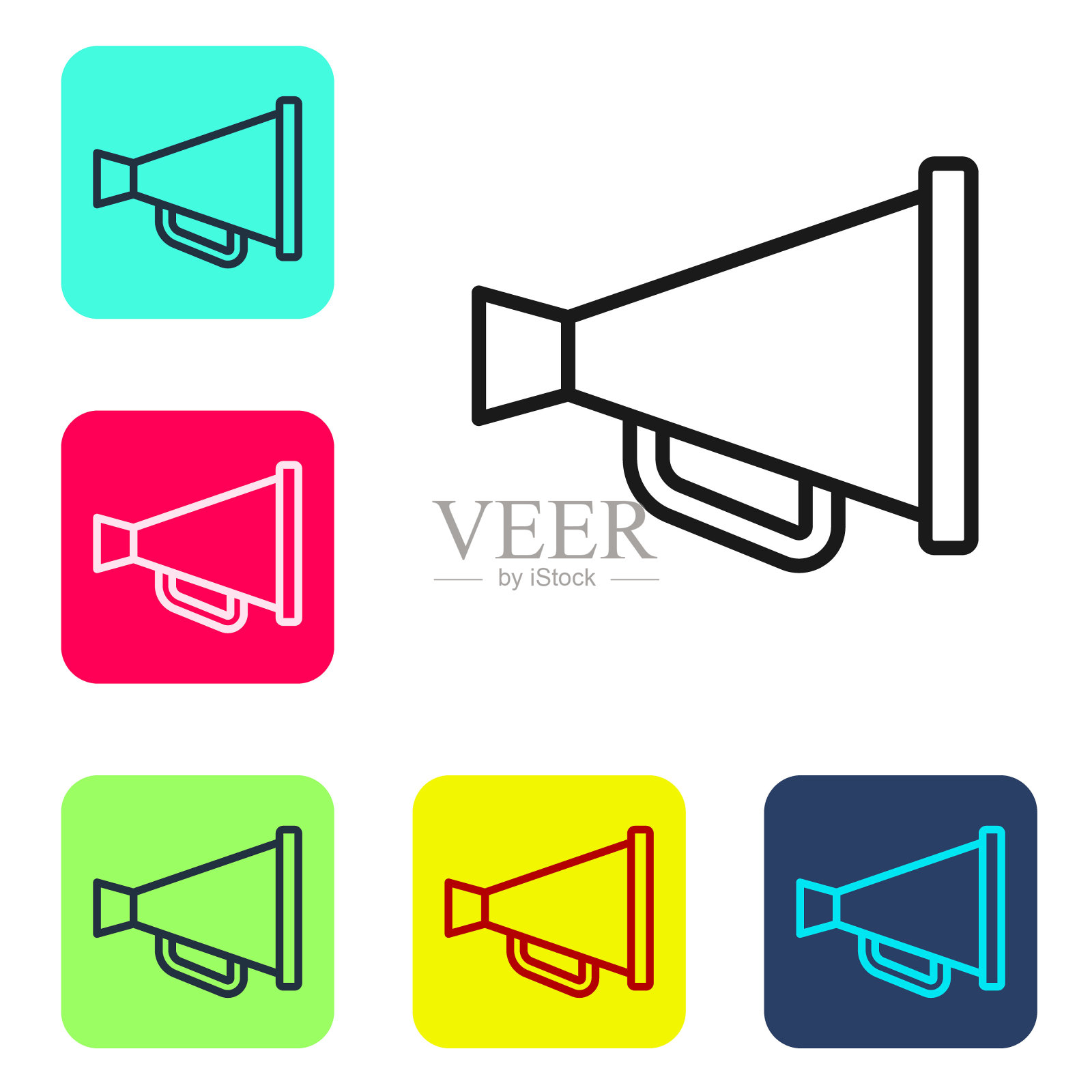 黑线扩音器图标孤立在白色背景上。演讲者的迹象。设置彩色方块按钮图标。向量图标素材
