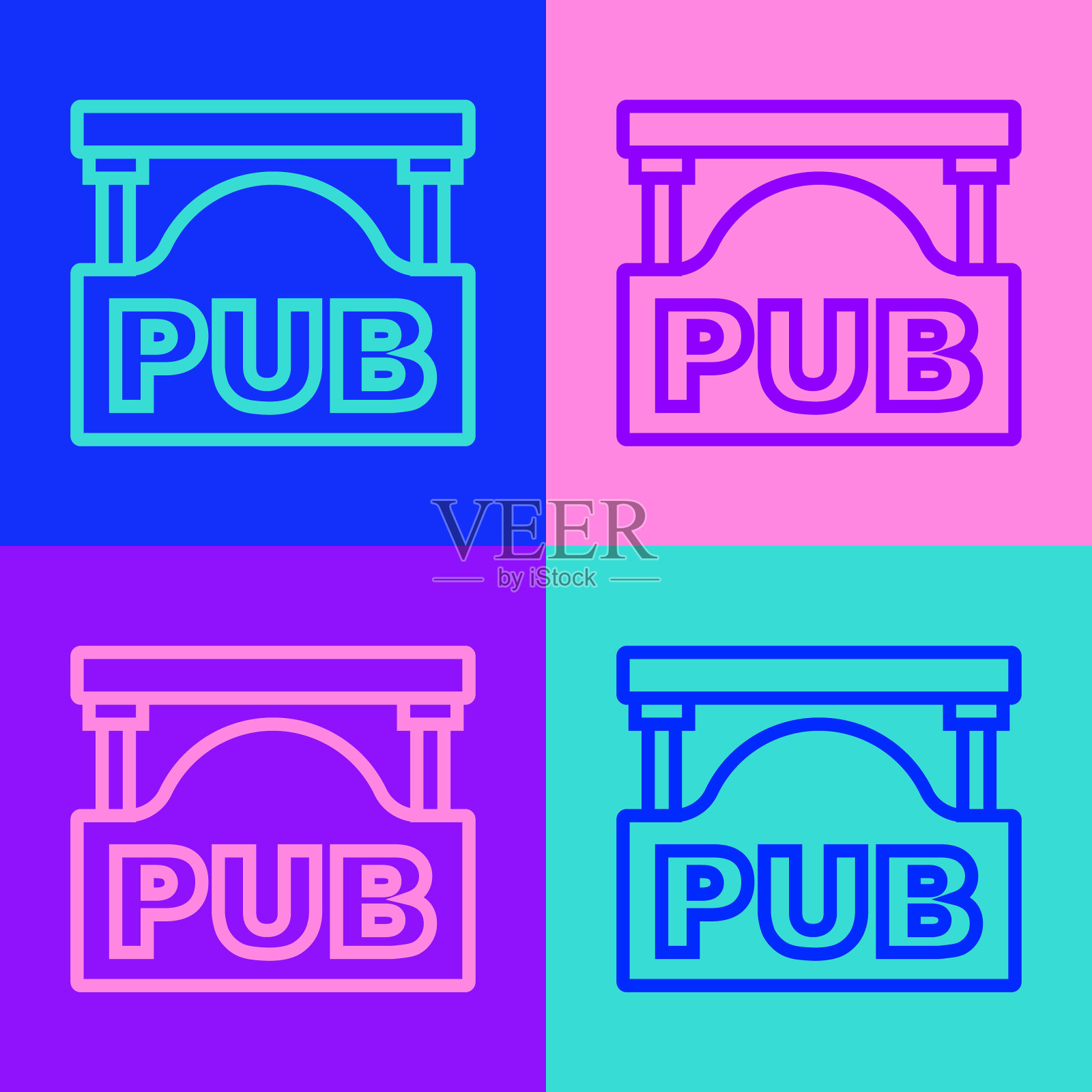 波普艺术行街招牌与题字酒吧图标孤立在色彩背景上。适用于广告吧、咖啡厅、餐厅。向量插画图片素材