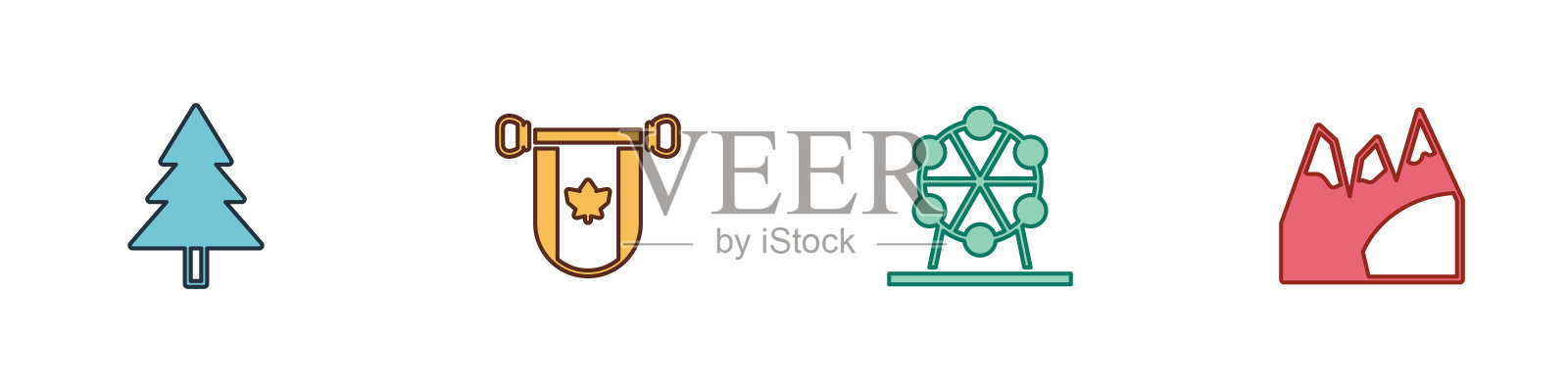 设置圣诞树，加拿大国旗，摩天轮和山的图标。向量插画图片素材