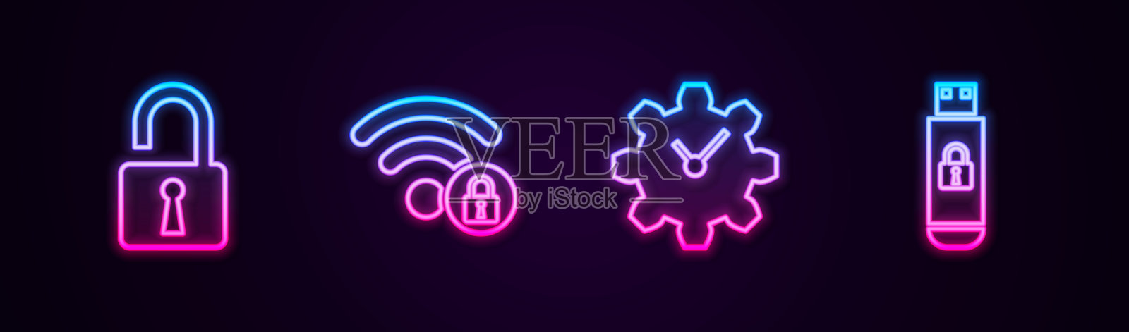设置线打开挂锁，Wifi锁定，时间管理和USB闪存驱动器。发光的霓虹灯图标。向量图标素材