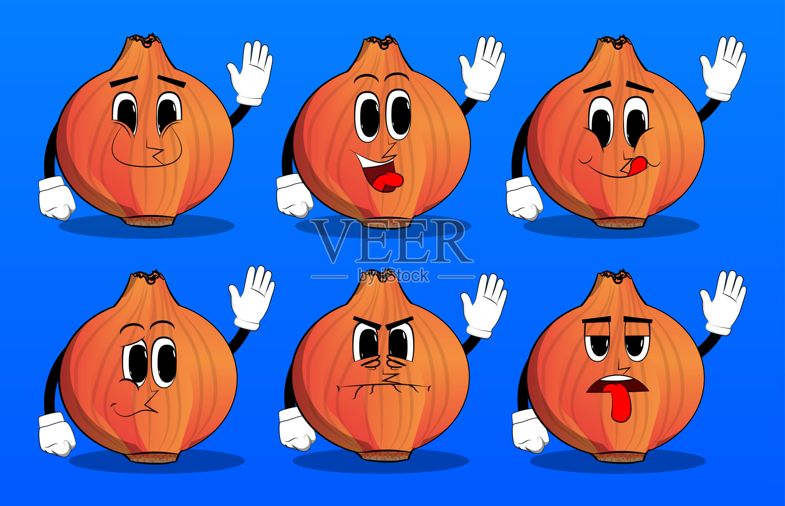 洋葱和挥动的手。卡通农场蔬菜角色。插画图片素材