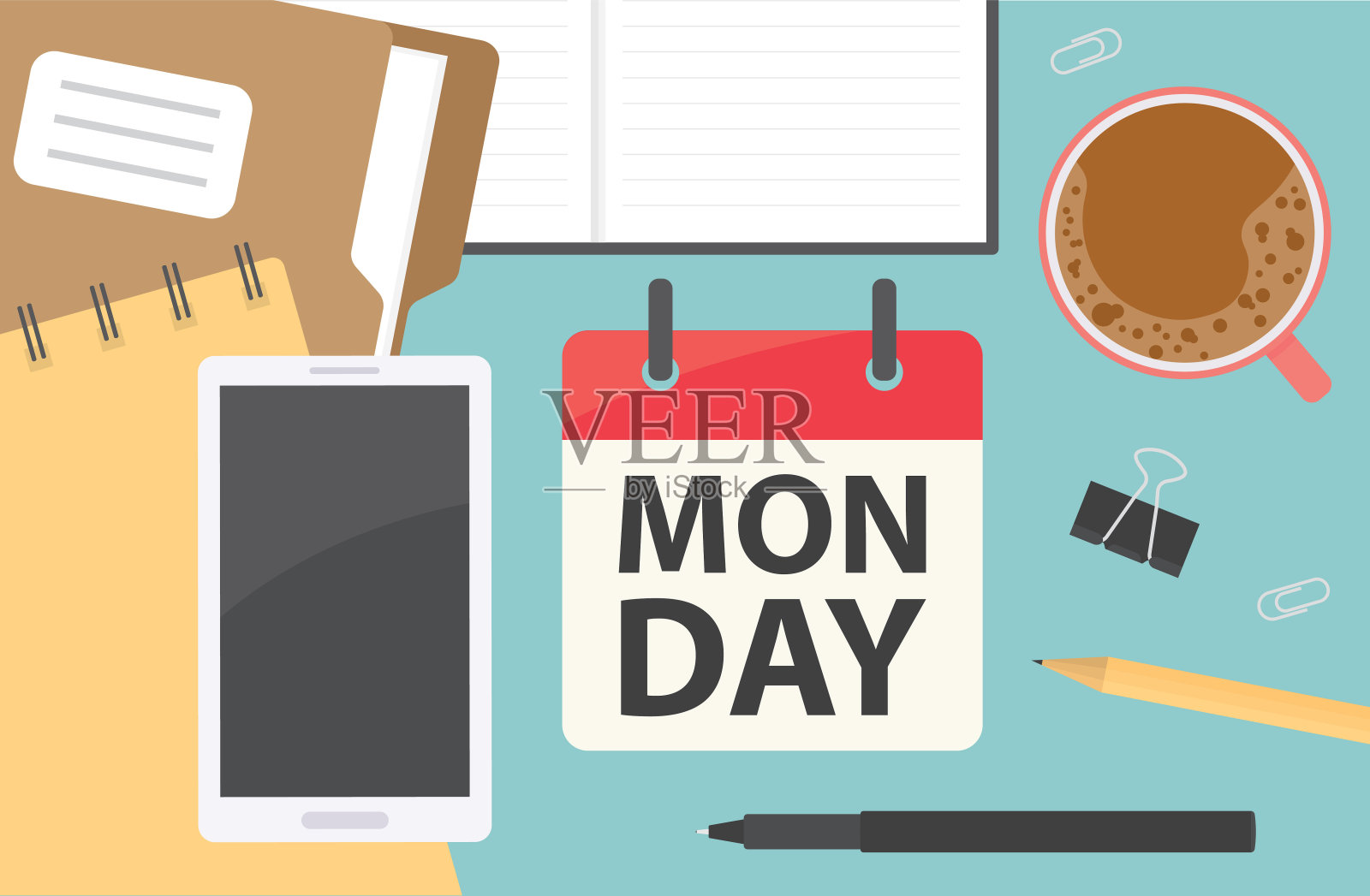 写在星期一的日历上，平摆办公桌构图——矢量插图插画图片素材