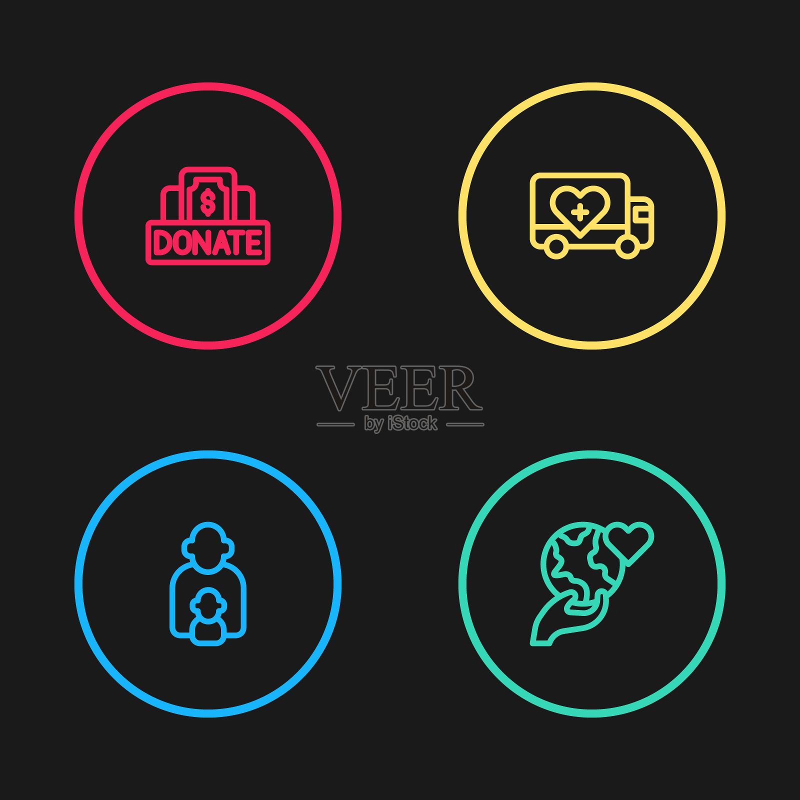 设置“照顾孩子”、“牵手地球仪”、“人道主义卡车”、“捐赠慈善图标”。向量图标素材