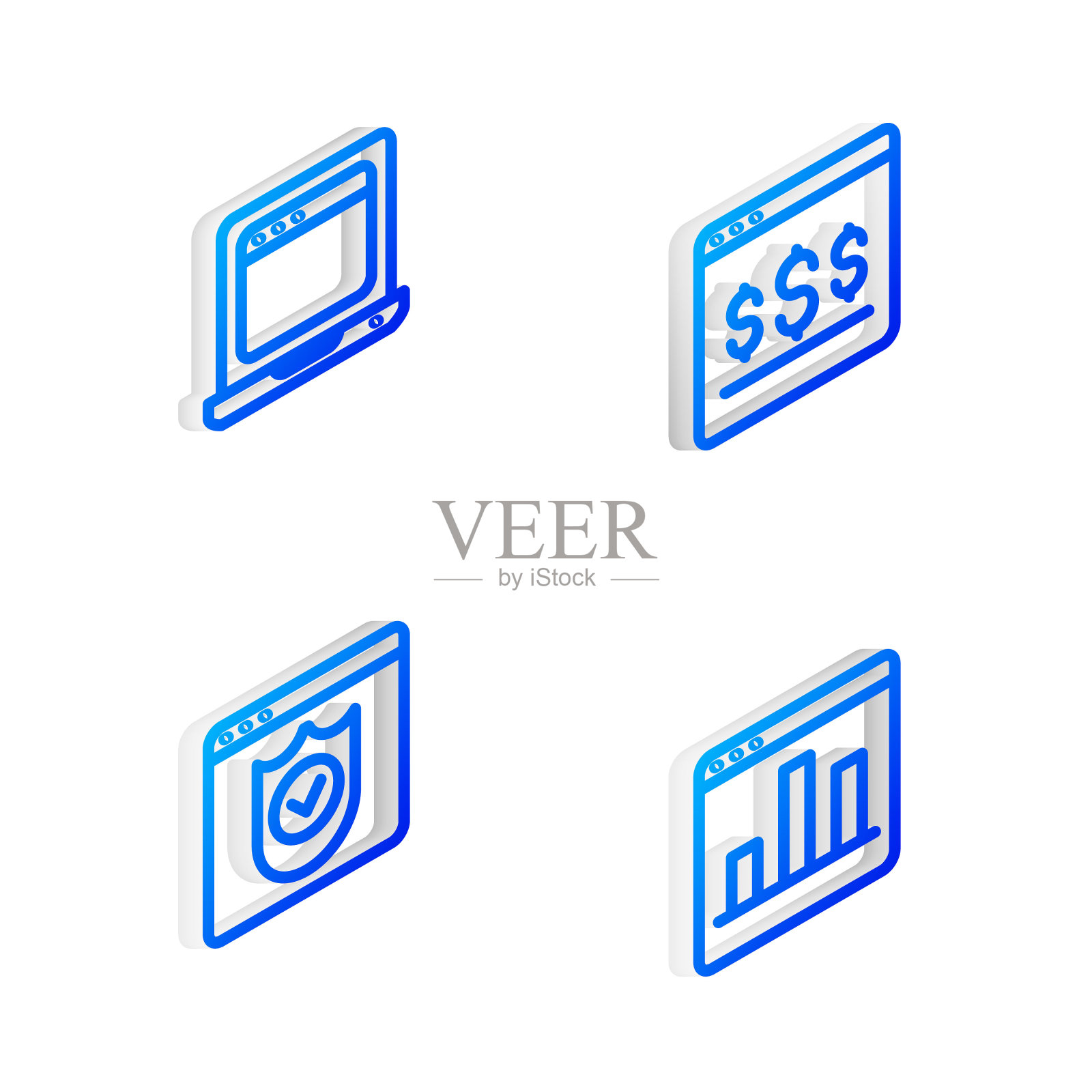 设置等距线在线购物屏幕，笔记本电脑与浏览器窗口，浏览器屏蔽和图形图表信息图标。向量图标素材