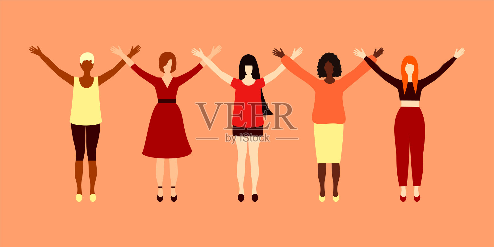 不同皮肤、头发和衣服的妇女站在一起，举手。国际妇女节。女性友谊的概念，多样性和女权运动。插画图片素材