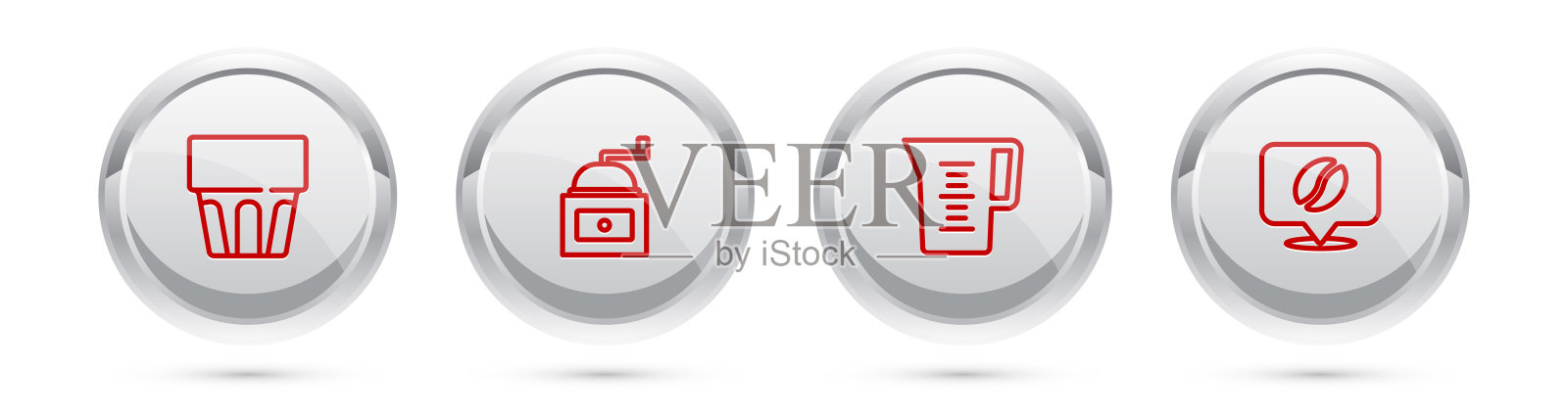 设置线玻璃与水，手动咖啡研磨机，壶玻璃和定位豆。银圈按钮。向量插画图片素材