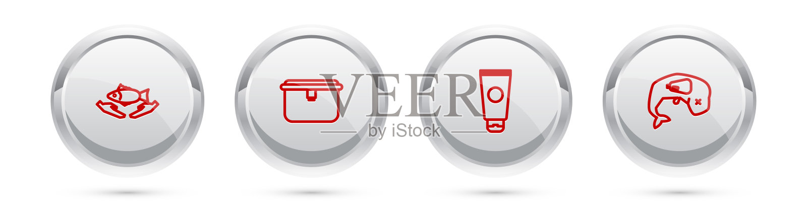 集鱼护理、午餐盒、乳霜化妆品管、环保鲸鱼死亡为一体。银圈按钮。向量插画图片素材