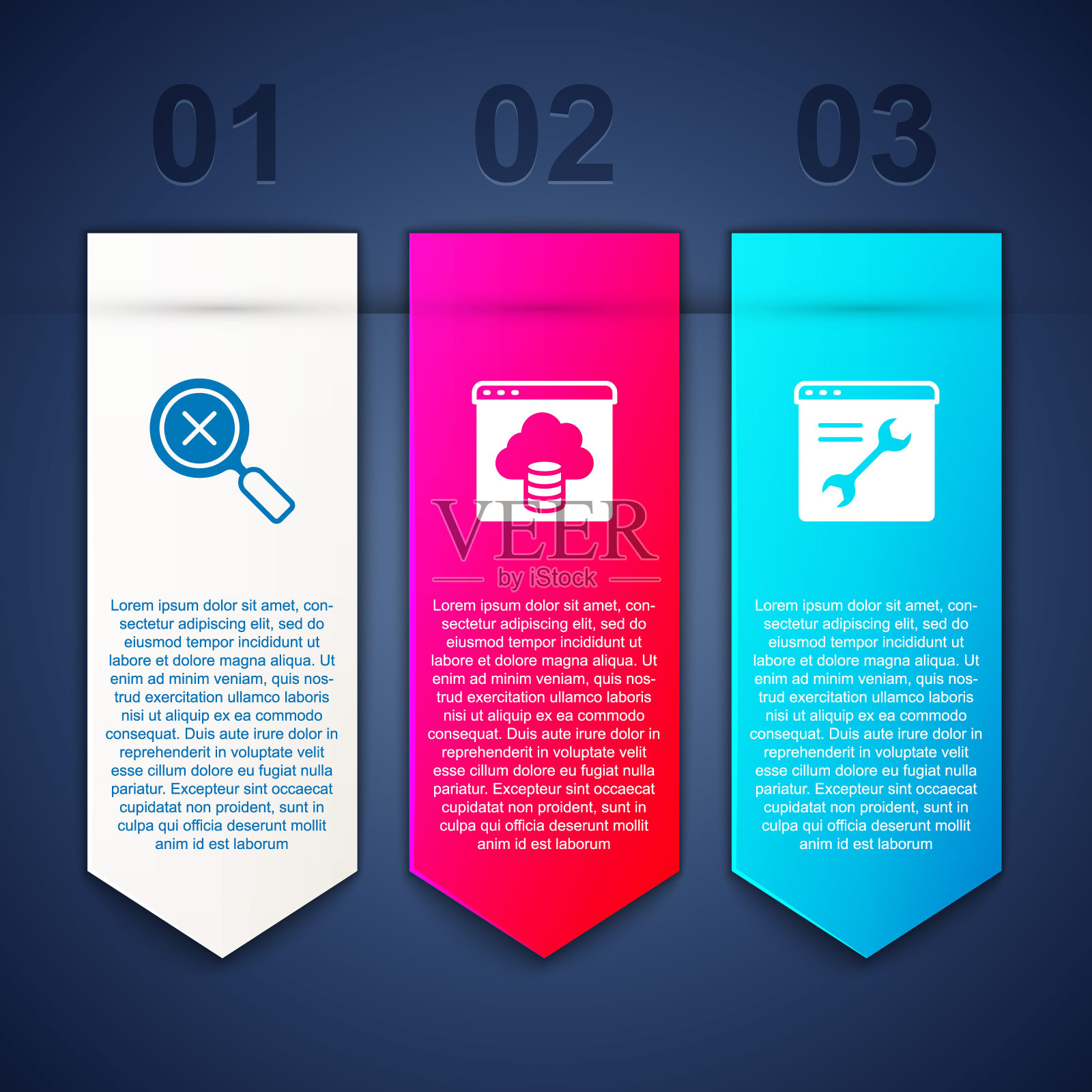 设置放大镜和删除，云技术数据传输和浏览器设置。业务信息模板。向量设计模板素材