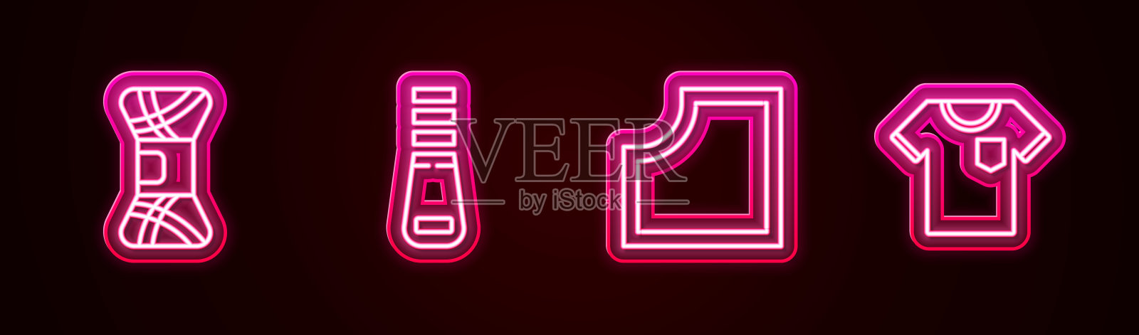 集线纱，拉链，缝纫图案，t恤。发光的霓虹灯图标。向量图标素材