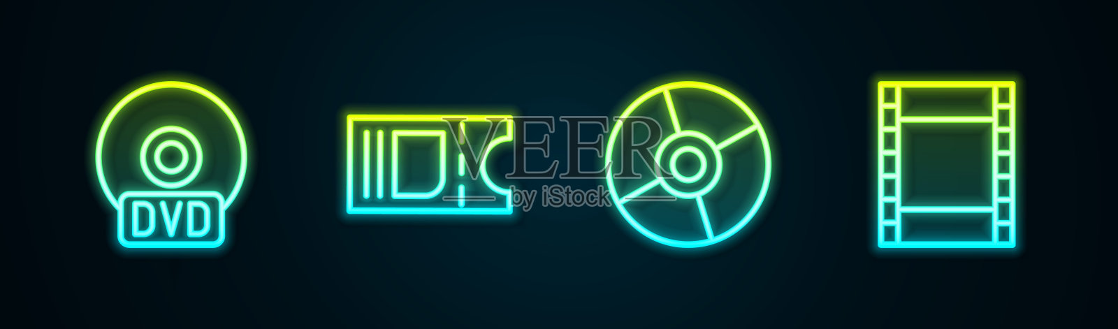 设置行CD或DVD光盘，电影票，和播放视频。发光的霓虹灯图标。向量插画图片素材