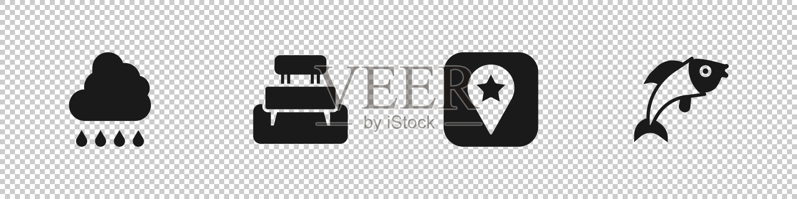 设置云与雨，长凳，位置露营和鱼的图标。向量图标素材