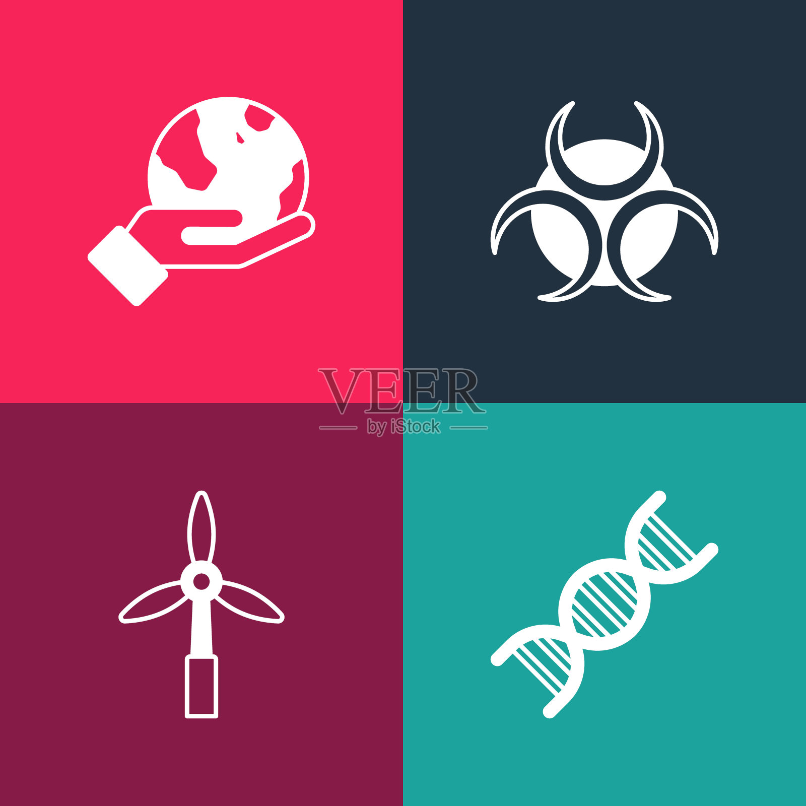 设置波普艺术的DNA符号，风力涡轮机，生物危害和手握地球图标。向量图标素材