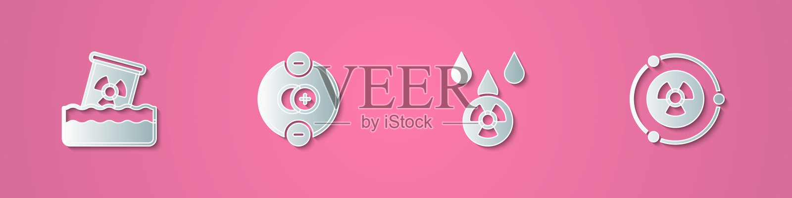 设置有放射性废料的桶、原子、酸雨和放射性云和图标。纸艺术风格。向量图标素材