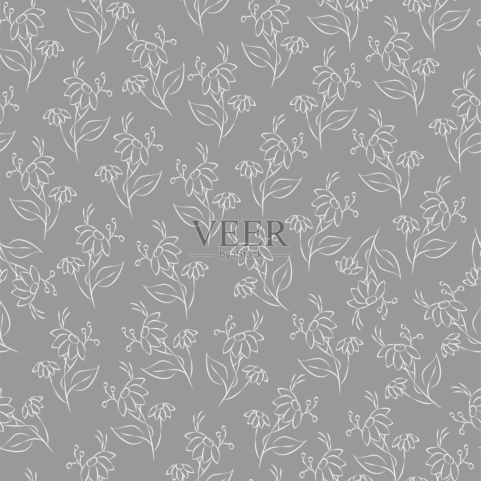 矢量灰色和白色插图。花卉无缝模式。一束野花。手绘的花田。简单的花。野甘菊的开花头状花序。轮廓图。插画图片素材