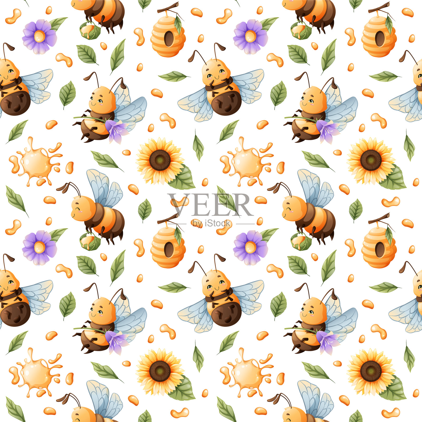 向量无缝模式与可爱的蜜蜂，蜂蜜和花朵。非常适合纺织品，壁纸，背景插画图片素材