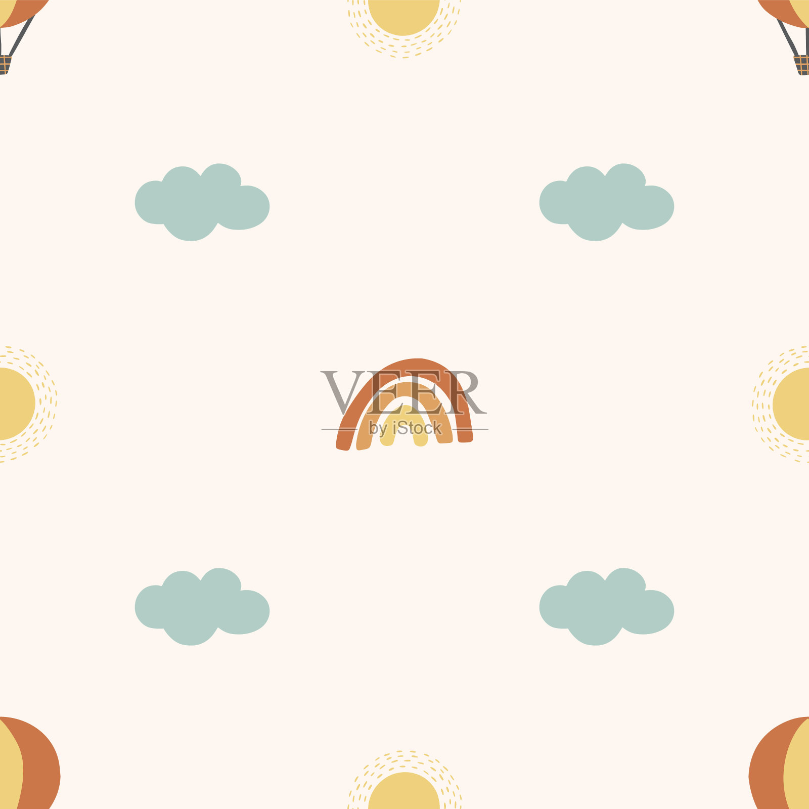 斯堪的纳维亚无缝图案，彩虹，太阳，气球和云。插画图片素材