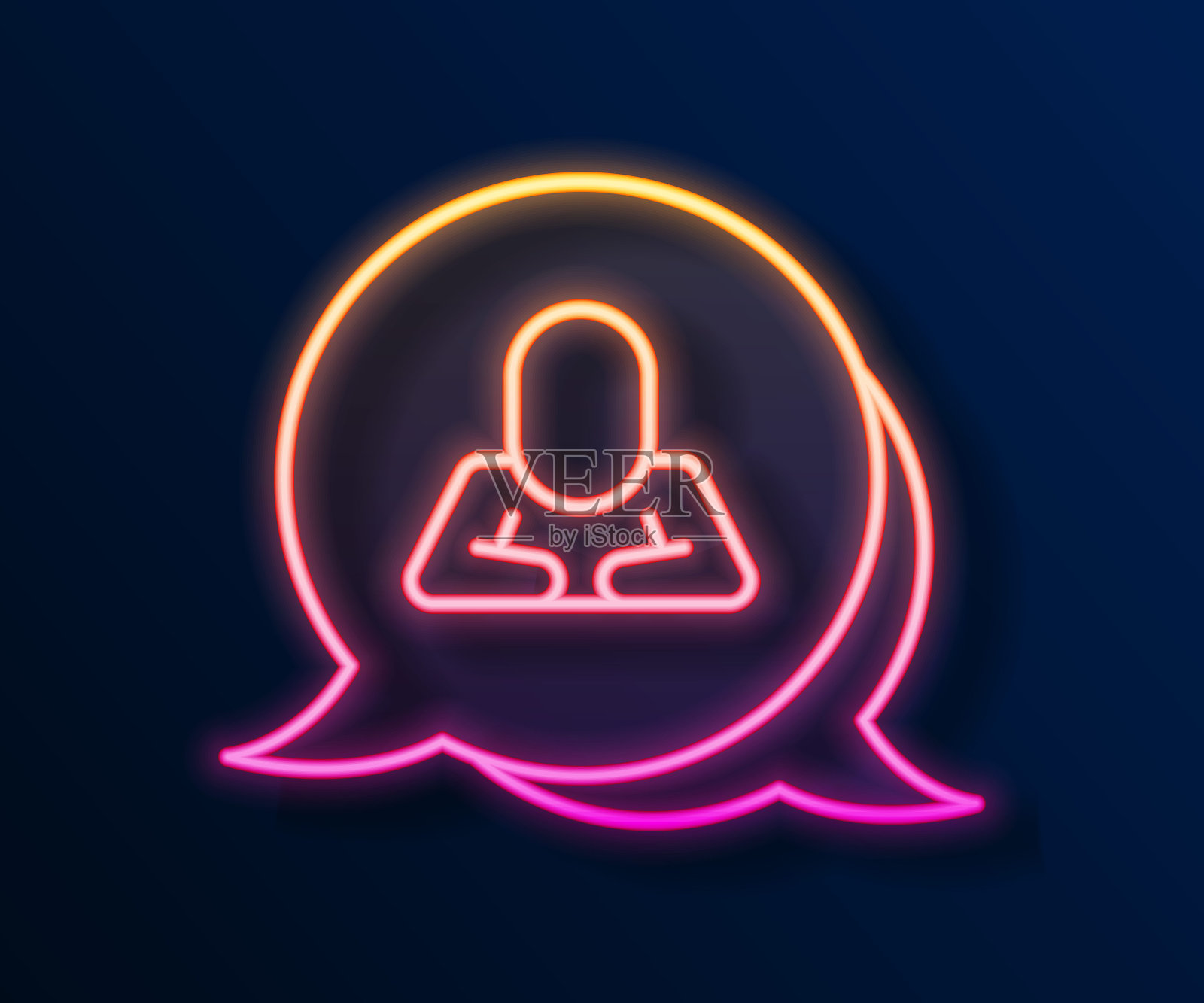 发光的霓虹灯线语音气泡聊天图标孤立在黑色背景。消息图标。沟通或评论聊天符号。向量插画图片素材