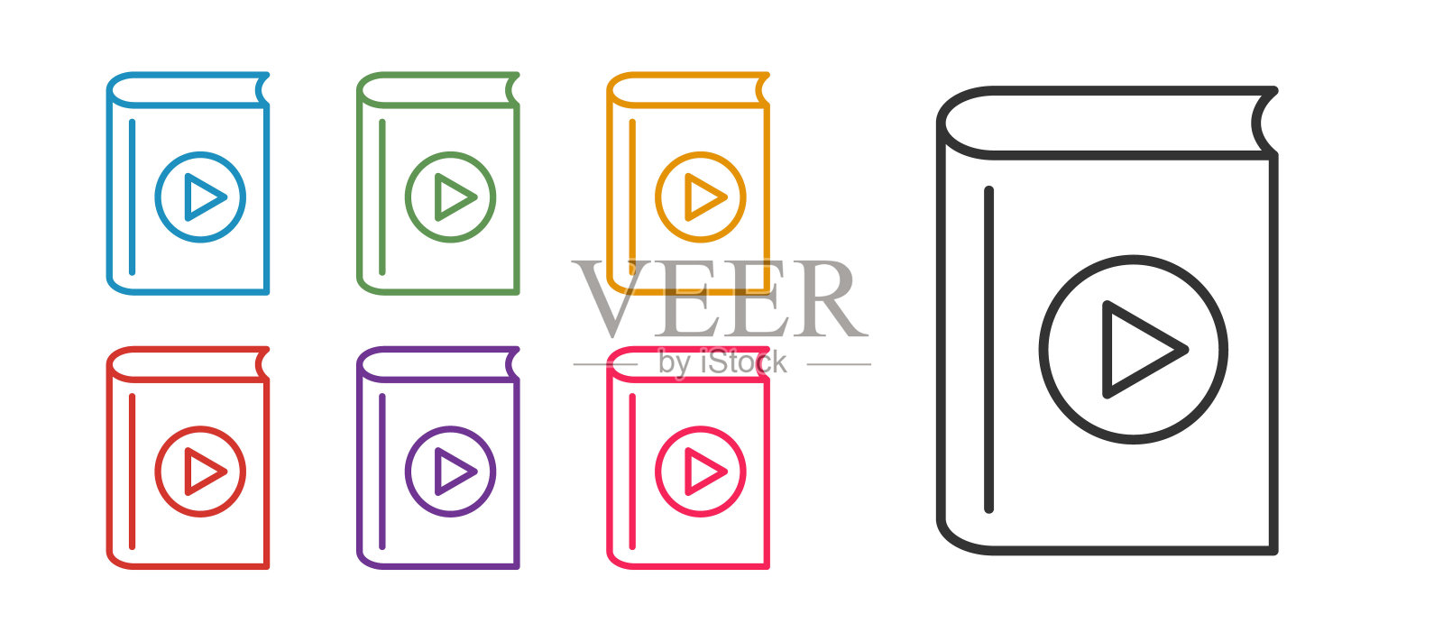 设置行音频书图标孤立在白色背景上。播放按钮和书。音频引导标志。在线学习的概念。设置图标丰富多彩。向量插画图片素材