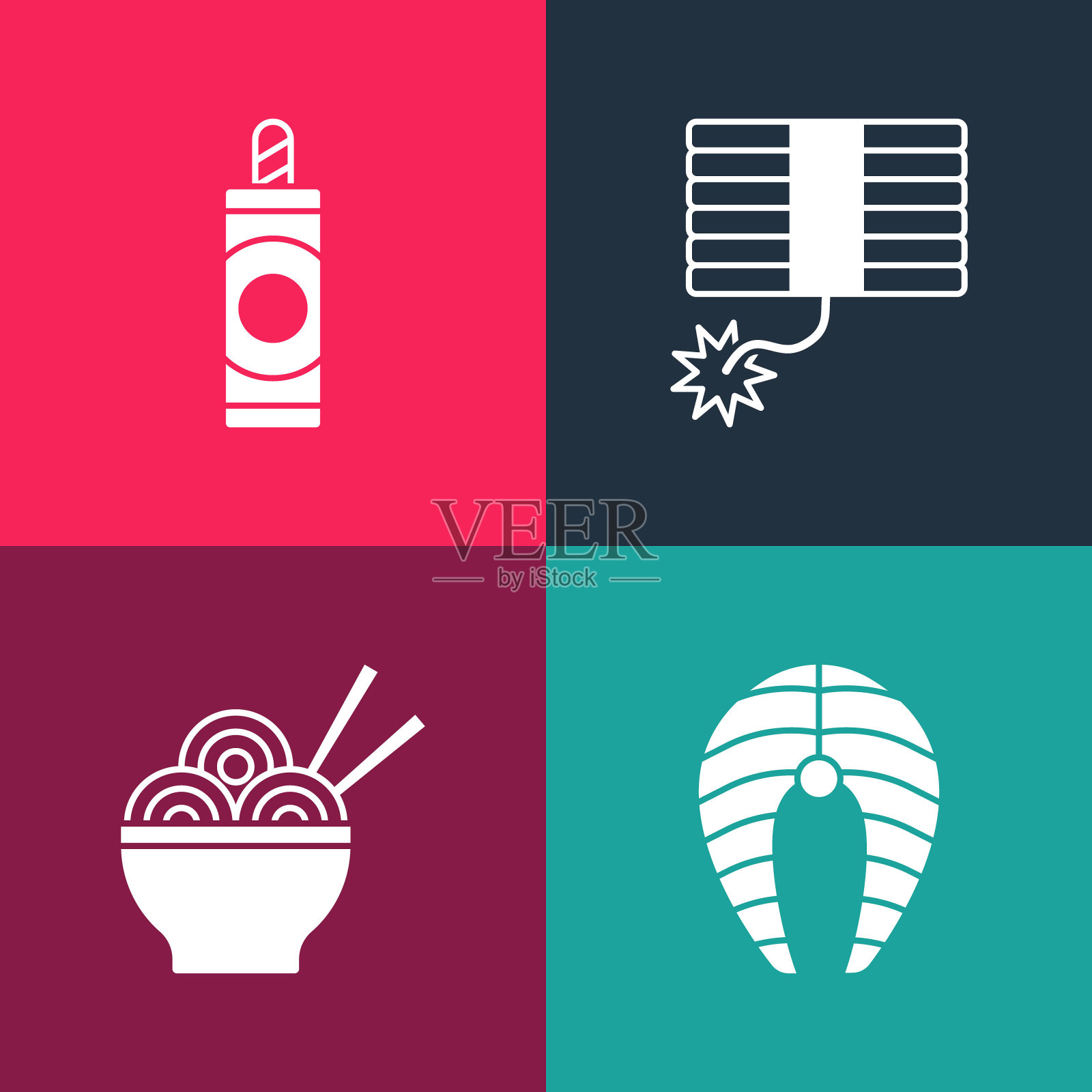 集流行艺术鱼排、亚洲面条于碗中、烟火与图标于一身。向量图标素材