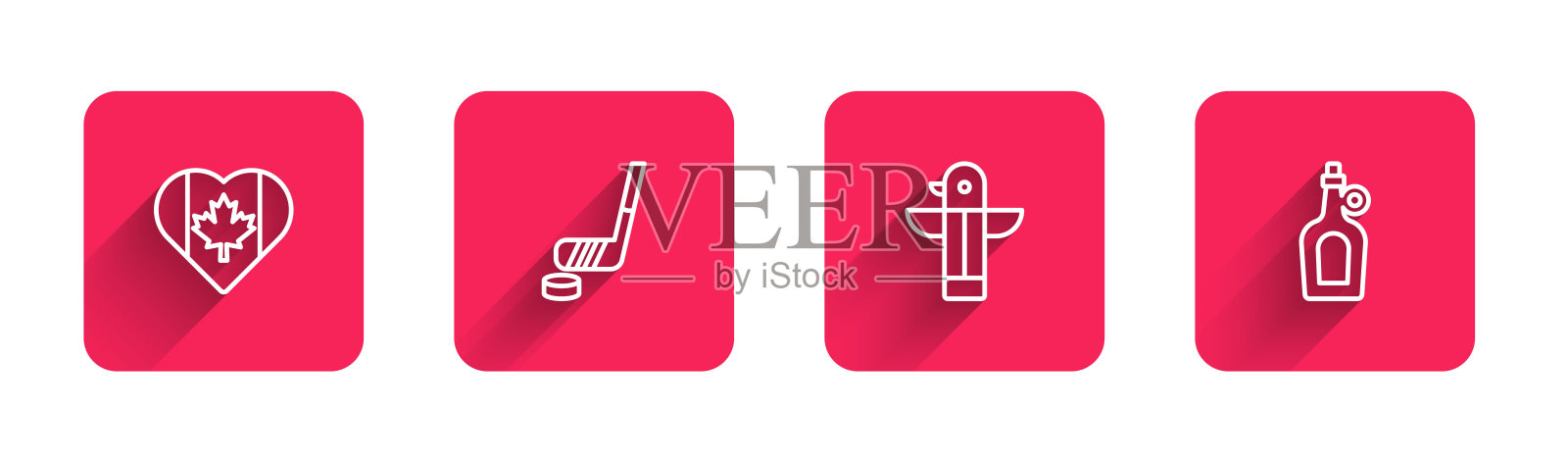 心型加拿大国旗，冰球棒和冰球，加拿大图腾柱和长影子枫糖浆瓶。红场按钮。向量插画图片素材