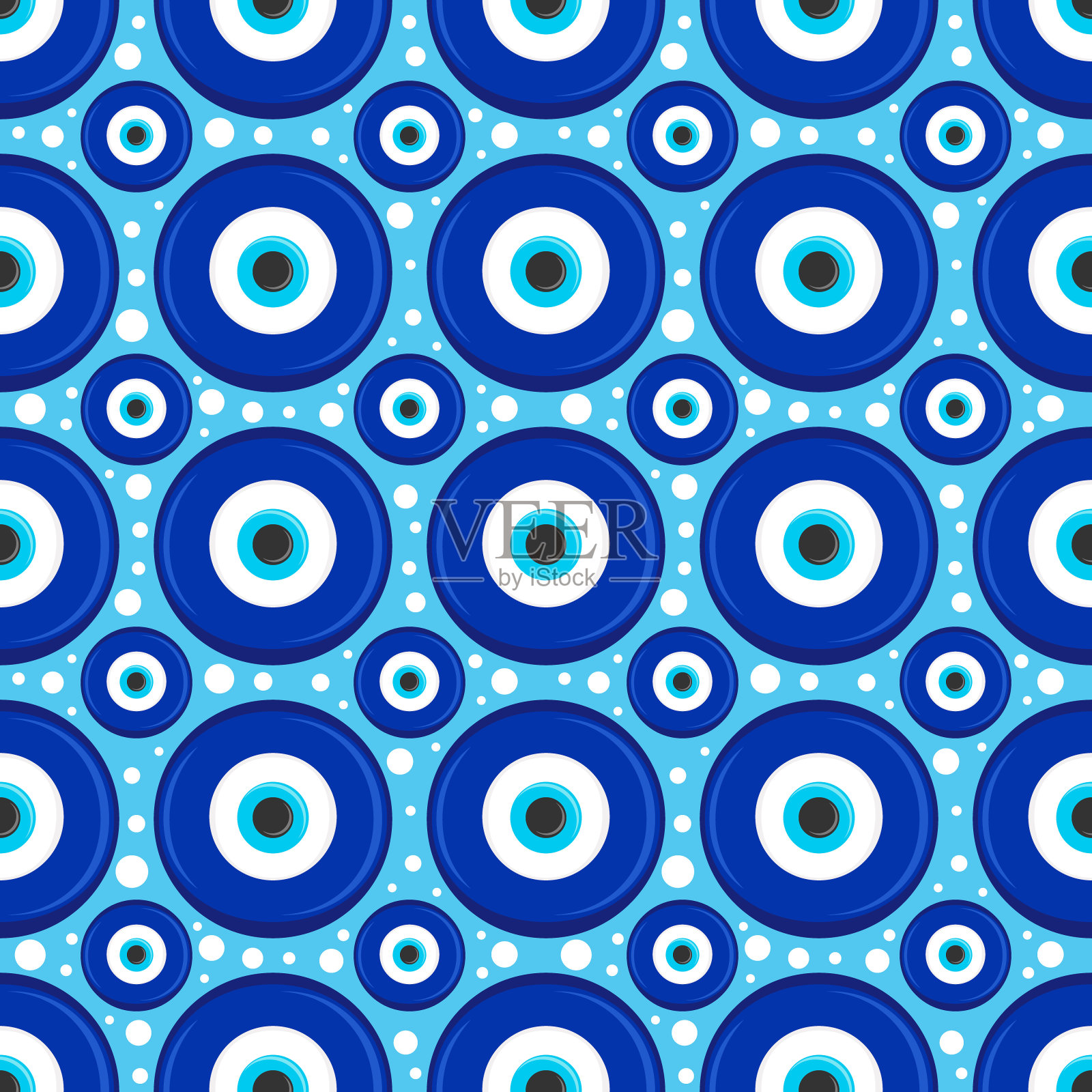 邪恶的眼睛无缝模式。在土耳其和希腊象征着保护。背景与蓝色纳扎尔护身符。向量护身符插画图片素材