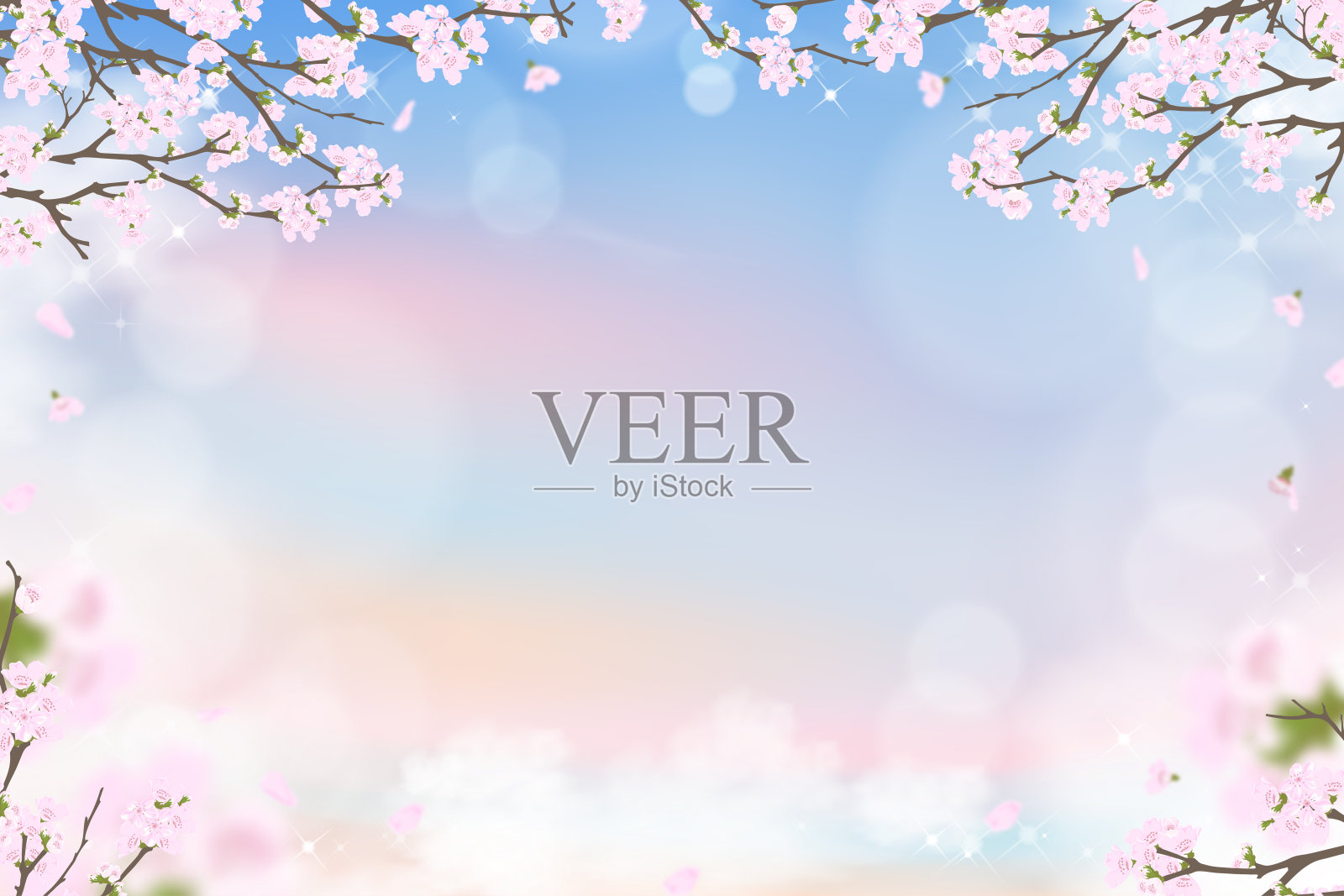 春天樱花在蓝色和粉红色粉彩天空背景，矢量插图粉红色樱花盛开在春天与落下的花瓣，甜美的背景横幅春天或夏天出售插画图片素材