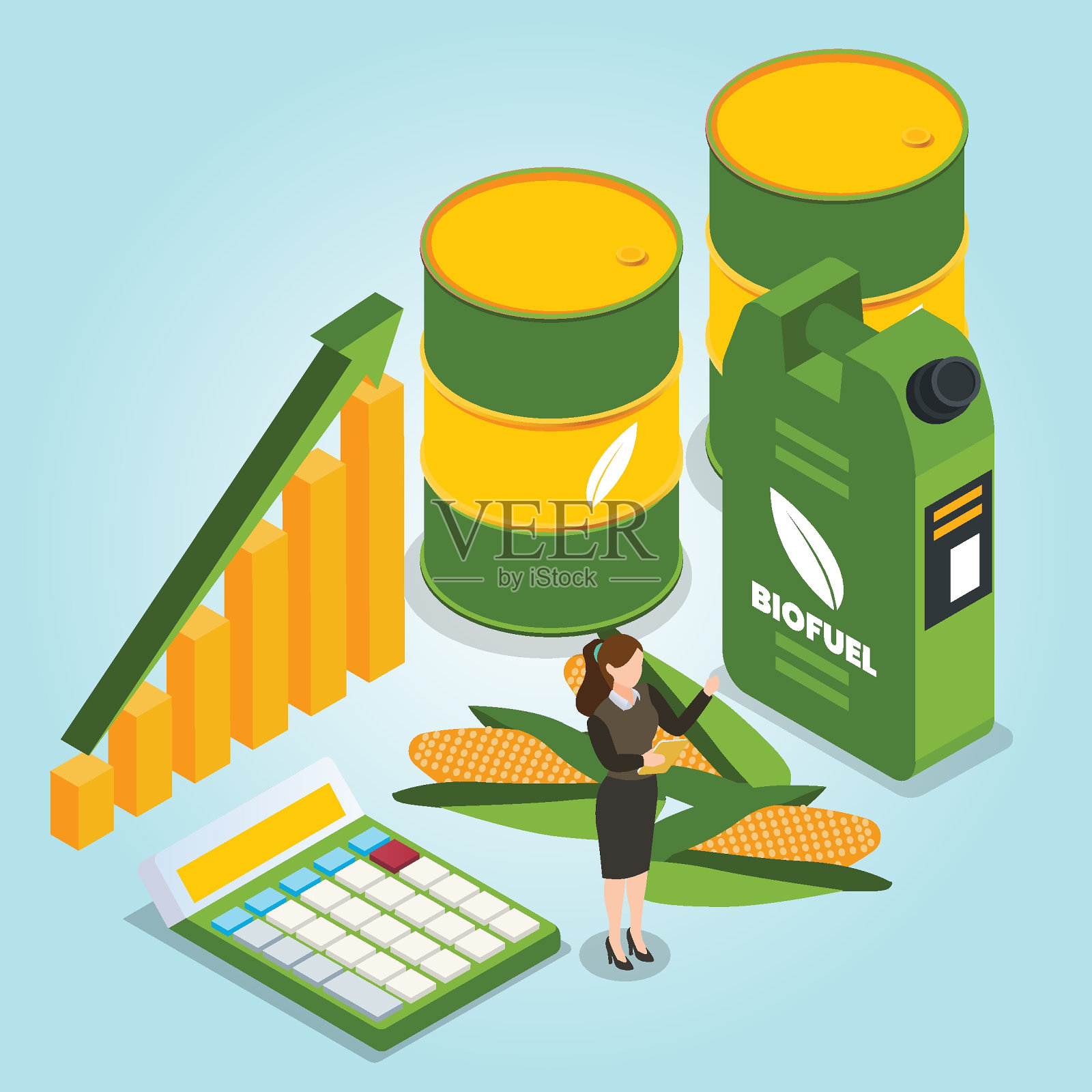 女性商业女性与生物燃料等距3d插画图片素材