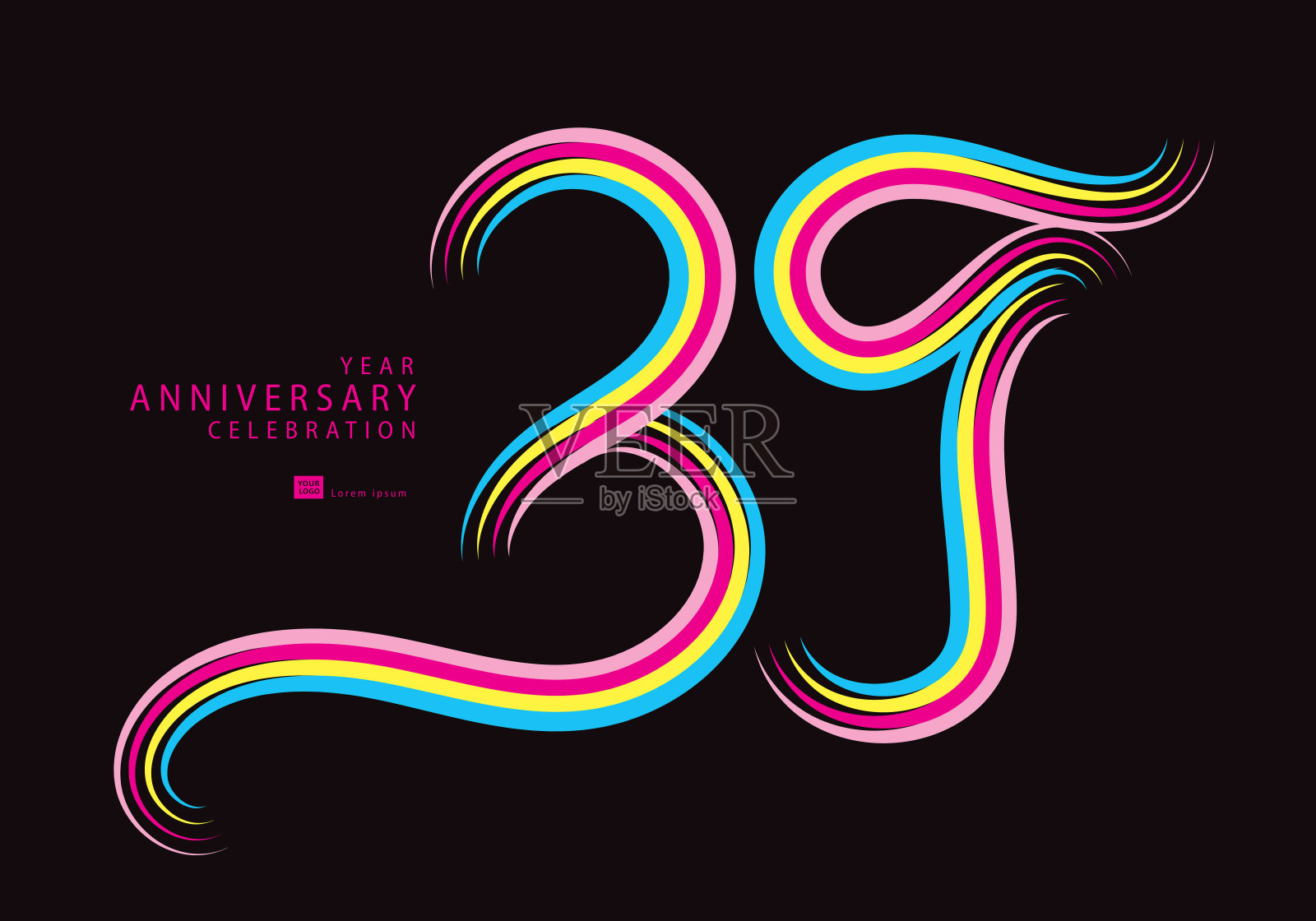 39周年庆标志彩色线矢量，39岁生日标志，39号，横幅模板，矢量设计模板元素为请柬和海报，t恤设计矢量插画图片素材