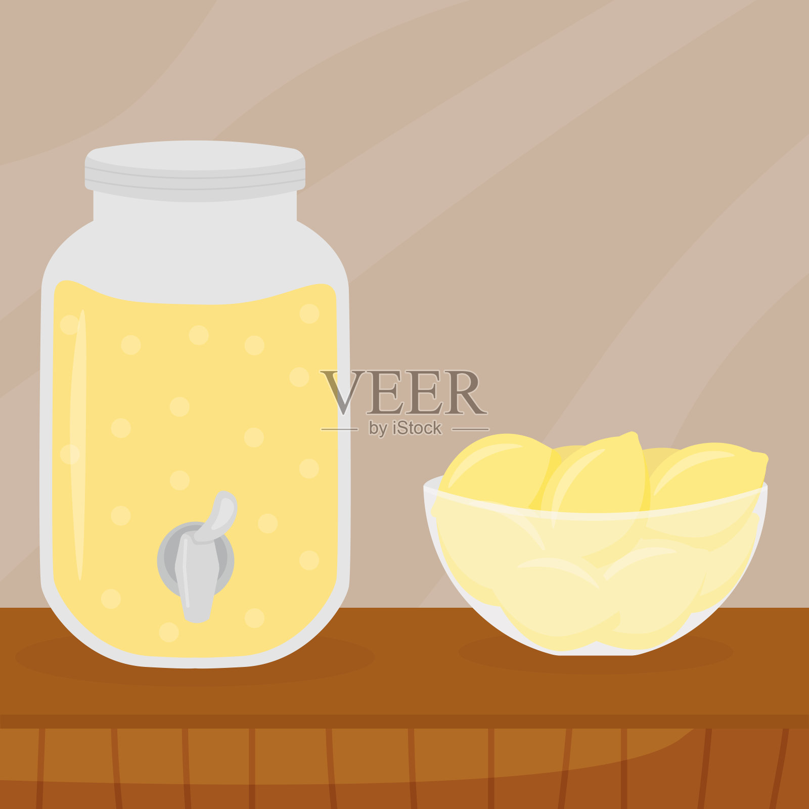 柠檬水和一碗柠檬放在桌子上插画图片素材