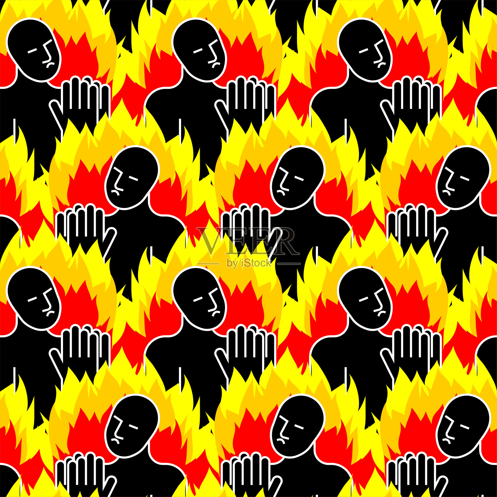 罪人模式无缝。罪人在火中忏悔的纹理。男人在火红的鬣狗装饰中祈祷。地狱之火背景下的人设计元素图片
