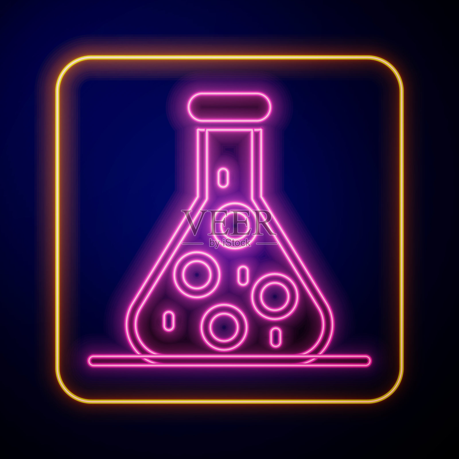 发光霓虹灯试管和烧瓶化学实验室测试图标孤立在黑色背景上。实验室玻璃器皿。向量插画图片素材