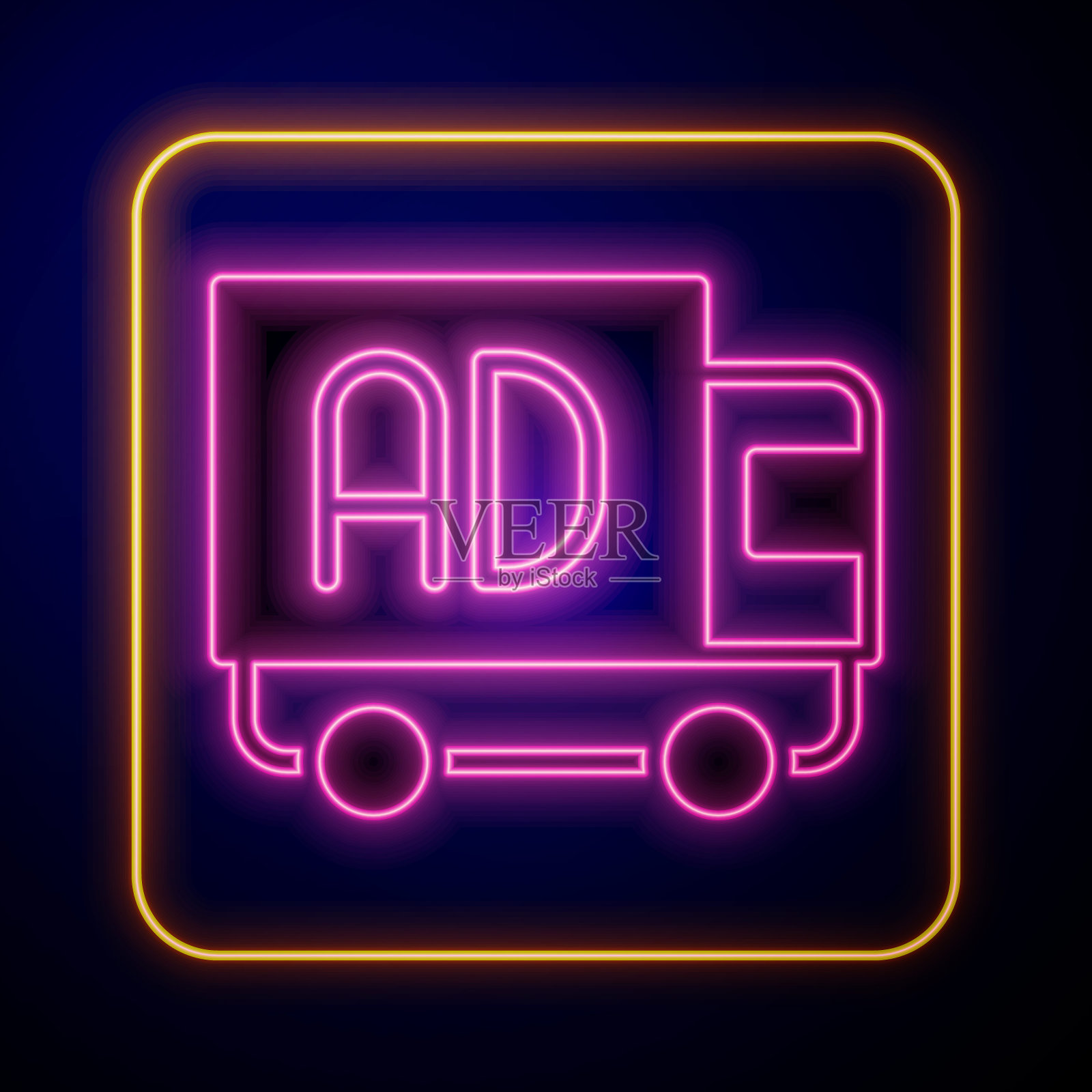 发光的霓虹灯广告在卡车图标孤立在黑色背景上。市场营销和推广过程的概念。响应式广告:社交媒体广告。向量插画图片素材